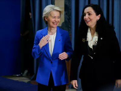 Kosovo's President Vjosa Osmani speaks with European Commission President Ursula von der Leyen following their press conference in Pristina, Kosovo October 26, 2024. REUTERS/Valdrin Xhemaj