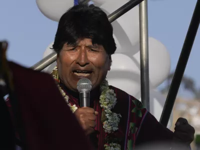 FILE - Former President Evo Morales speaks to supporters after marching to La Paz, Bolivia, to protest current President Luis Arce, Monday, Sept. 23, 2024. (AP Photo/Juan Karita, File)