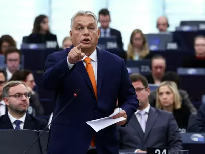 Hungary's Prime Minister Viktor Orban gestures as he gives a speech at the European Parliament, in Strasbourg, France October 9, 2024. REUTERS/Yves Herman