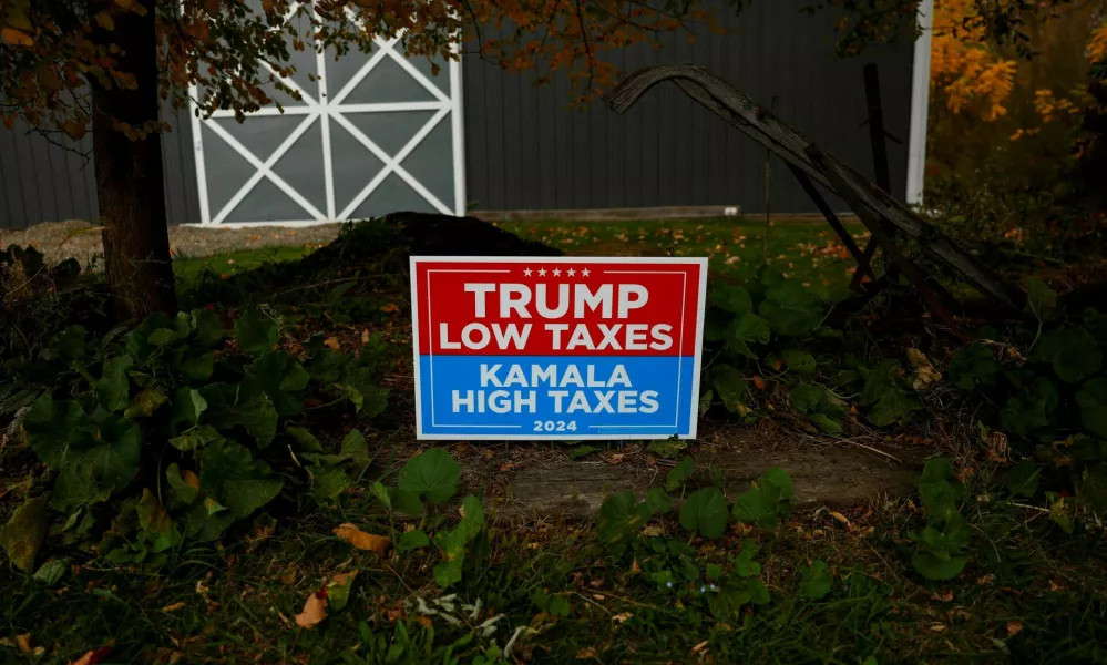 A sign supporting former U.S. president Donald Trump stands posted in the election battleground Erie County township of North East, Pennsylvania, U.S., October 23, 2024. REUTERS/Shannon Stapleton