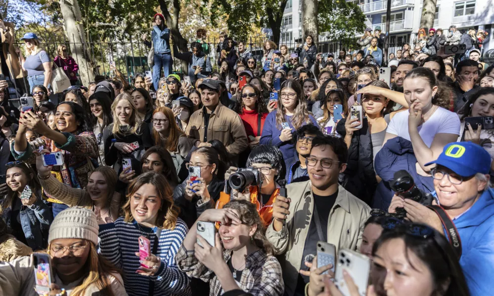 Crowds look on at the Timothee Chalamet lookalike contest near Washington Square Park, Sunday, Oct. 27, 2024, in New York. (AP Photo/Stefan Jeremiah)