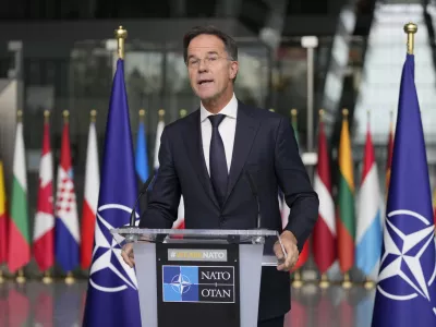 NATO Secretary General Mark Rutte delivers a statement, after a meeting with a high level South Korean delegation including top intelligence and military officials as well as senior diplomats briefed NATO diplomats, at NATO headquarters in Brussels on Monday, Oct. 28, 2024. (AP Photo/Virginia Mayo)