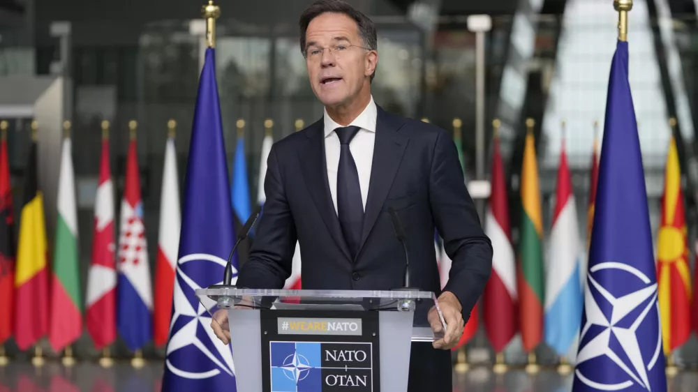 NATO Secretary General Mark Rutte delivers a statement, after a meeting with a high level South Korean delegation including top intelligence and military officials as well as senior diplomats briefed NATO diplomats, at NATO headquarters in Brussels on Monday, Oct. 28, 2024. (AP Photo/Virginia Mayo)