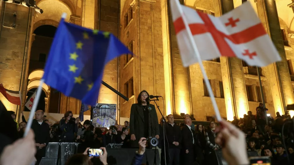 Georgia's President Salome Zourabichvili addresses participants of a rally organized by supporters of opposition parties to protest against the result of a recent parliamentary election won by the ruling Georgian Dream party, in Tbilisi, Georgia October 28, 2024. REUTERS/Irakli Gedenidze