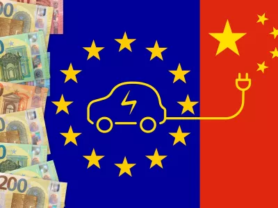 Euros notes on a European union flag background. Taxes for chinese electric cars import in Europe Union. EU and China trade war