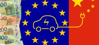 Euros notes on a European union flag background. Taxes for chinese electric cars import in Europe Union. EU and China trade war