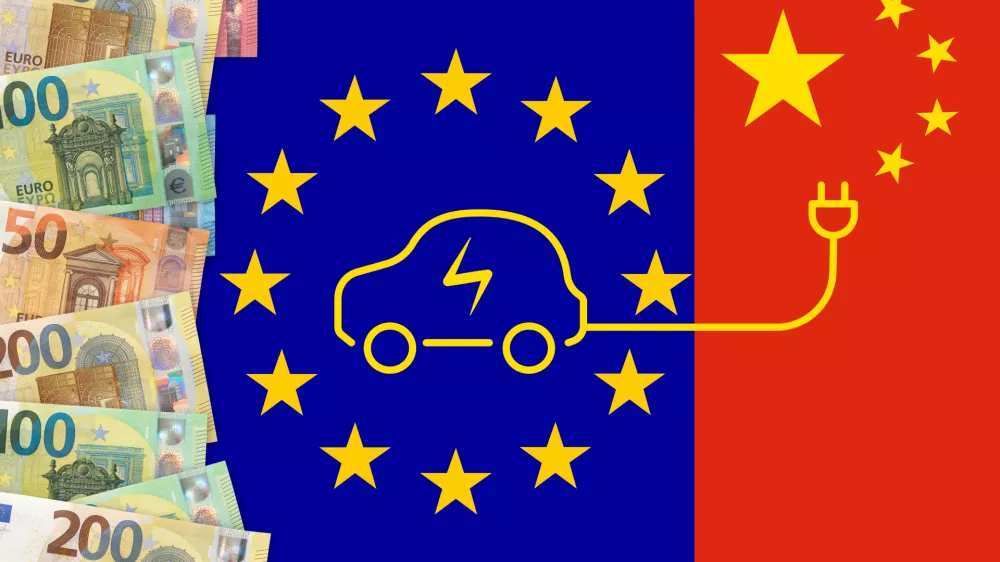 Euros notes on a European union flag background. Taxes for chinese electric cars import in Europe Union. EU and China trade war