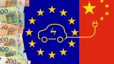 Euros notes on a European union flag background. Taxes for chinese electric cars import in Europe Union. EU and China trade war