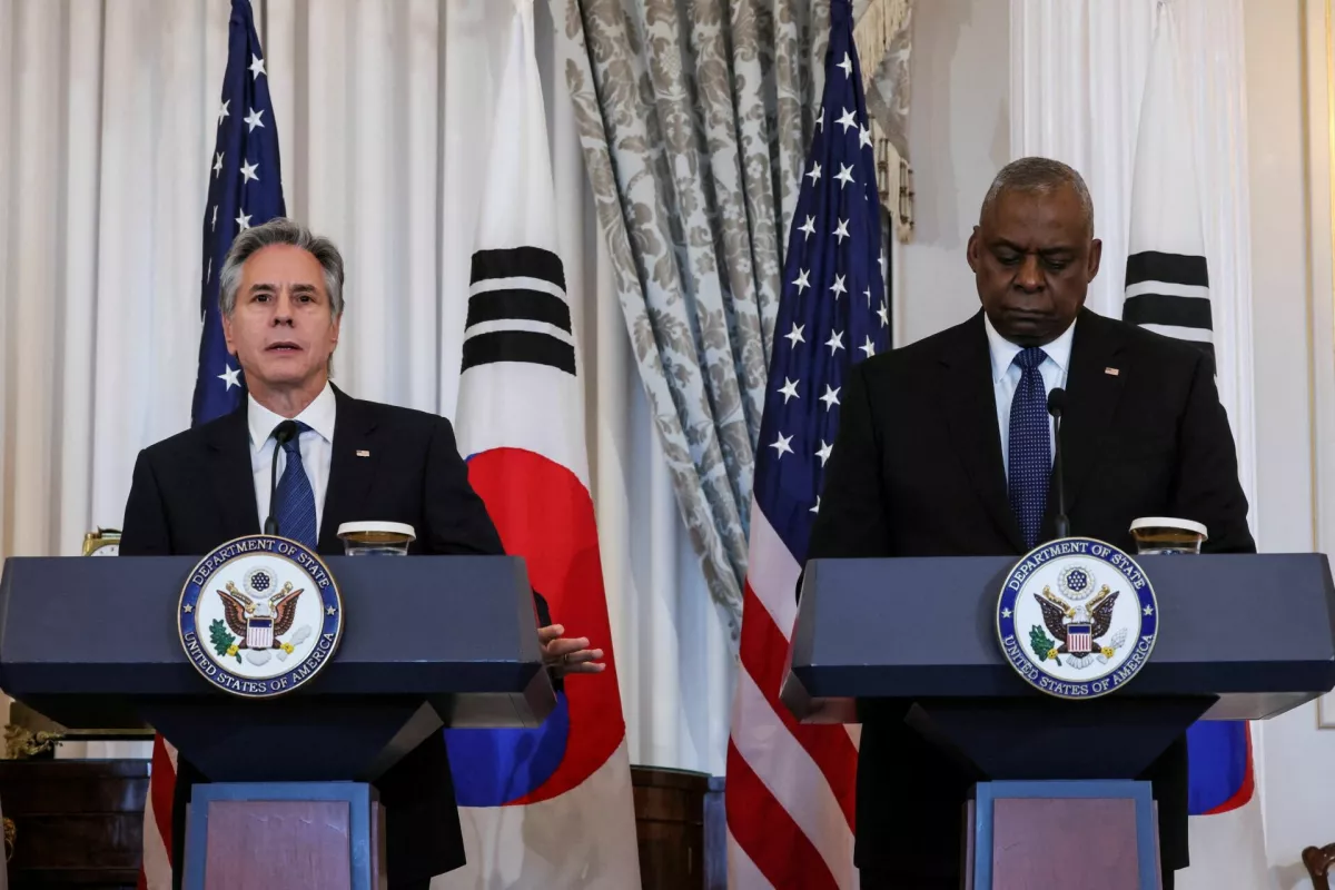 U.S. Secretary of State Antony Blinken and Defense Secretary Lloyd Austin hold a joint press conference with South Korean Foreign Minister Cho Tae-yul and Defense Minister Kim Yong-hyun during a 2+2 meeting, at the State Department in Washington, U.S., October 31, 2024. REUTERS/Leah Millis