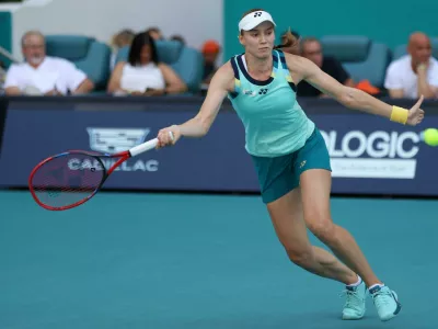 2WXT816 Elena Rybakina hits a forehand at the Miami Open on March 30, 2024 in Miami Gardens, FL. Danielle Collins defeated Elena Rybakina 7-5, 6-3 in the Women?s Singles finals. (Credit: Paul Fong/Image of Sport)