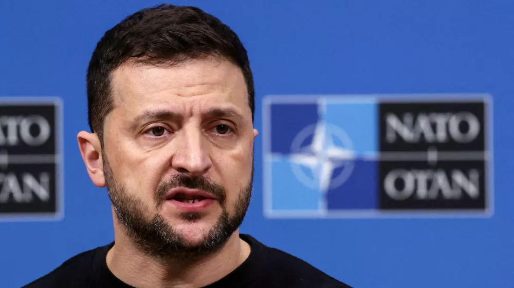 FILE PHOTO: Ukraine's President Volodymyr Zelenskiy attends a press conference, at the NATO headquarters in Brussels, Belgium October 17, 2024. REUTERS/Yves Herman/File Photo