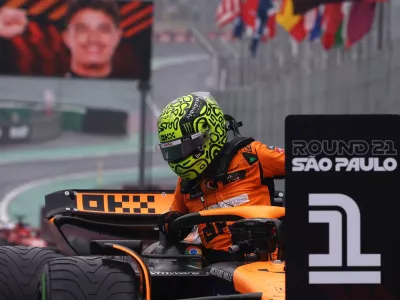 Formula One F1 - Sao Paulo Grand Prix - Autodromo Jose Carlos Pace, Sao Paulo, Brazil - November 3, 2024 McLaren's Lando Norris celebrates after qualifying in pole position REUTERS/Amanda Perobelli