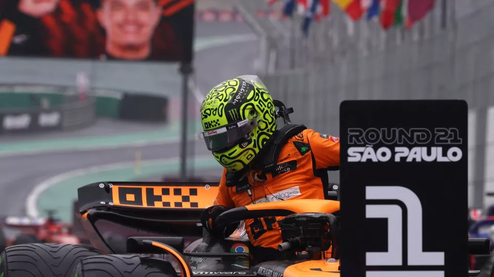 Formula One F1 - Sao Paulo Grand Prix - Autodromo Jose Carlos Pace, Sao Paulo, Brazil - November 3, 2024 McLaren's Lando Norris celebrates after qualifying in pole position REUTERS/Amanda Perobelli