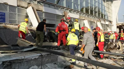 Rescue workers remove debris after a roof collapsed at the entrance to a railway station in Novi Sad, Serbia, November 1, 2024. Serbian Interior Ministry/Handout via REUTERS ATTENTION EDITORS - THIS IMAGE HAS BEEN SUPPLIED BY A THIRD PARTY.