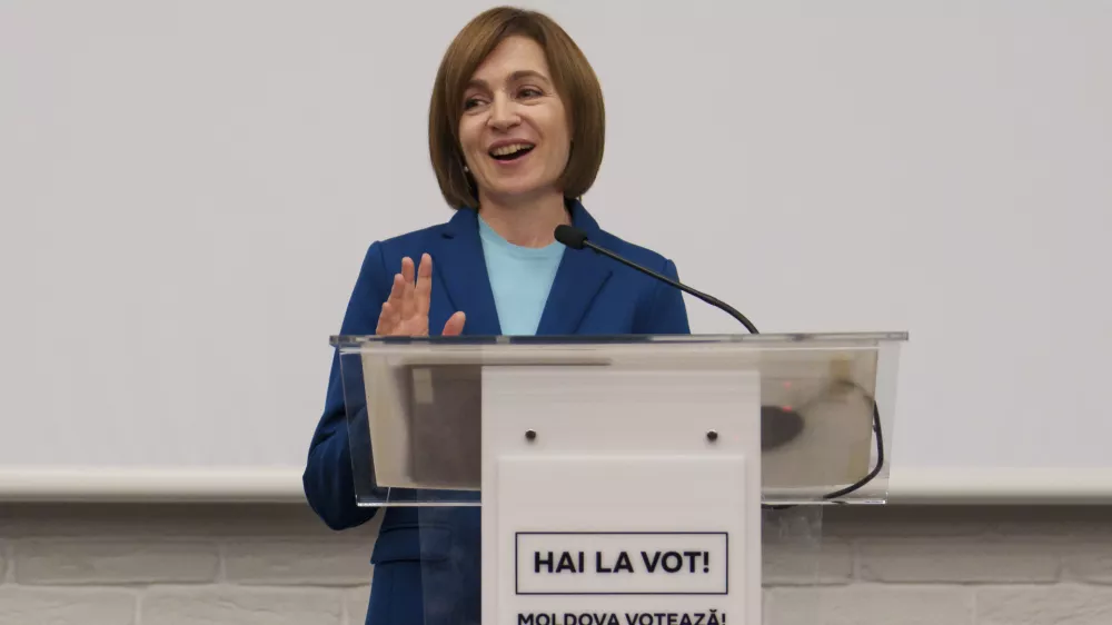 Moldova's President Maia Sandu delivers a statement after winning a second term in a pivotal presidential runoff against a Russia-friendly opponent in Chisinau, Moldova, early Monday, Nov. 4, 2024. (AP Photo/Vadim Ghirda)