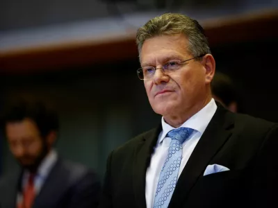 Maros Sefcovic, the nominee to become the European Union's trade and economic commissioner, faces a confirmation hearing before the European Parliament's international trade and constitutional affairs committees, in Brussels, Belgium November 4, 2024. REUTERS/Johanna Geron