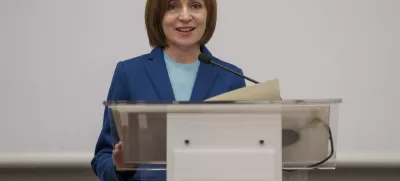 Moldova's President Maia Sandu delivers a statement after winning a second term in a pivotal presidential runoff against a Russia-friendly opponent in Chisinau, Moldova, early Monday, Nov. 4, 2024. (AP Photo/Vadim Ghirda)