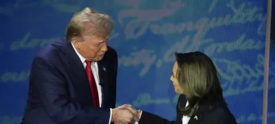 Republican presidential nominee former President Donald Trump and Democratic presidential nominee Vice President Kamala Harris shake hands before the start of an ABC News presidential debate at the National Constitution Center, Tuesday, Sept. 10, 2024, in Philadelphia. (AP Photo/Alex Brandon)