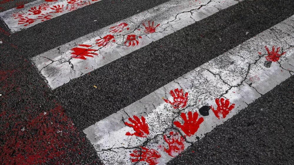 Demonstrators leave red hand prints on a crosswalk as they protest to commemorate an accident at a railway station in the Serbian city of Novi Sad, for which they blame negligence and corruption by the authorities, in front of the government in Belgrade, Serbia November 3, 2024. REUTERS/Marko Djurica