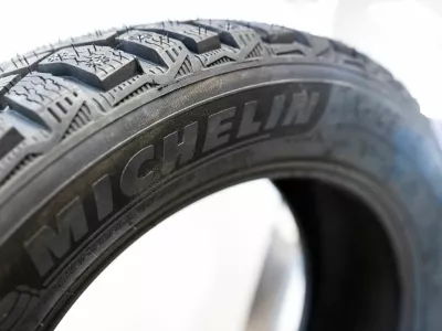 FILE PHOTO: A tyre produced by the French company Michelin is on display at a dealership in Moscow, Russia, March 23, 2023. REUTERS/Maxim Shemetov/File Photo