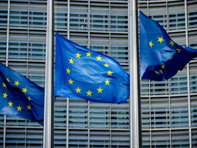 FILE PHOTO: European Union flags fly outside the European Commission headquarters in Brussels, Belgium, March 1, 2023. REUTERS/Johanna Geron//File Photo