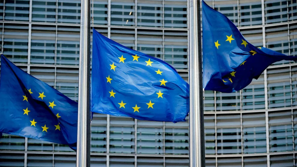 FILE PHOTO: European Union flags fly outside the European Commission headquarters in Brussels, Belgium, March 1, 2023. REUTERS/Johanna Geron//File Photo