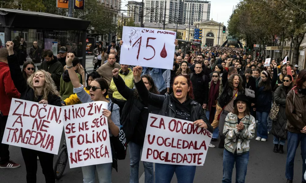 Demonstrators protest to commemorate an accident at a railway station in the Serbian city of Novi Sad, for which they blame negligence and corruption by the authorities, in front of the government in Belgrade, Serbia November 3, 2024. REUTERS/Marko Djurica