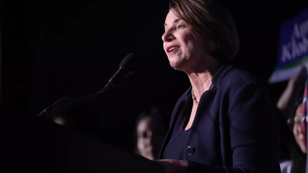 Sen. Amy Klobuchar speaks at the DFL election night watch party, Tuesday, Nov. 5, 2024, in St. Paul, Minn. (AP Photo/Abbie Parr)