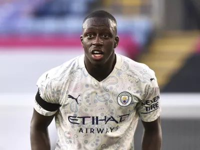 FILE - Manchester City's Benjamin Mendy during the English Premier League soccer match between Leicester City and Manchester City in Leicester, England, Saturday, April 3, 2021. (AP Photo/Rui Vieira, Pool, File)