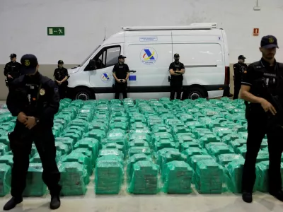 Spanish police display the 13 tons of cocaine, which was seized at the Algeciras port, hidden in banana shipments after it was transported in a container from Ecuador, at the port in Algeciras, Spain, November 6, 2024. REUTERS/Jon Nazca   TPX IMAGES OF THE DAY