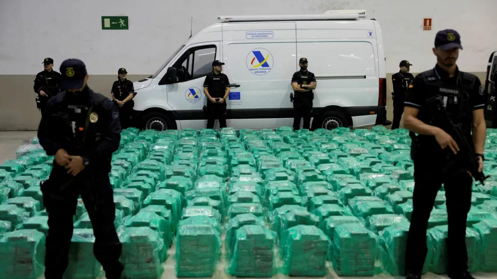 Spanish police display the 13 tons of cocaine, which was seized at the Algeciras port, hidden in banana shipments after it was transported in a container from Ecuador, at the port in Algeciras, Spain, November 6, 2024. REUTERS/Jon Nazca   TPX IMAGES OF THE DAY