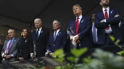 From left, Sen. Chuck Schumer, D-NY, Democratic presidential nominee Vice President Kamala Harris, President Joe Biden, Michael Bloomberg, Republican presidential nominee former President Donald Trump and Republican vice presidential nominee Sen. JD Vance, R-Ohio, attend the 9/11 Memorial ceremony on the 23rd anniversary of the Sept. 11, 2001 attacks, Wednesday, Sept. 11, 2024, in New York. (AP Photo/Yuki Iwamura)