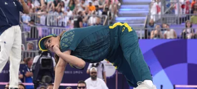 FILE - Australia's Rachael Gunn, known as B-Girl Raygun, competes during the Round Robin Battle at the breaking competition at La Concorde Urban Park at the 2024 Summer Olympics, Aug. 9, 2024, in Paris, France. (AP Photo/Frank Franklin, File)