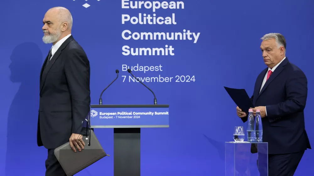 Albanian Prime Minister Edi Rama and Hungarian Prime Minister Viktor Orban attend a press conference during the European Political Community Summit in Budapest, Hungary, November 7, 2024. REUTERS/Bernadett Szabo