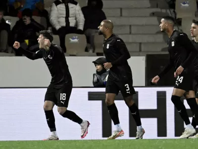 Soccer Football - Europa Conference League - HJK Helsinki v NK Olimpija Ljubljana - Bolt Arena, Helsinki, Finland - November 7, 2024 NK Olimpija Ljubljana's Marko Brest celebrates scoring their first goal with teammates Markku Ulander/Lehtikuva via REUTERS ATTENTION EDITORS - THIS IMAGE WAS PROVIDED BY A THIRD PARTY. NO THIRD PARTY SALES. NOT FOR USE BY REUTERS THIRD PARTY DISTRIBUTORS. FINLAND OUT. NO COMMERCIAL OR EDITORIAL SALES IN FINLAND.