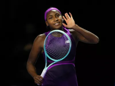 Tennis - WTA Finals - King Saud University Indoor Arena, Riyadh, Saudi Arabia - November 8, 2024 Coco Gauff of the U.S. celebrates winning her women's singles semi final match against Belarus' Aryna Sabalenka REUTERS/Aleksandra Szmigiel