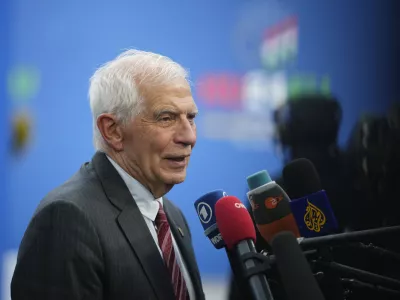 European Union foreign policy chief Josep Borrell speaks with the media as he arrives for an EU Summit at the Puskas Arena in Budapest, Hungary, Friday, Nov. 8, 2024. (AP Photo/Petr David Josek)