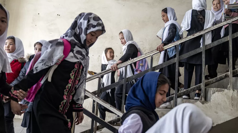 Girls attend school on the first day of the new school year, in Kabul, Afghanistan, on Saturday, March 25, 2023. The new Afghan educational year started, but high school remained closed for girls for the second year after Taliban returned to power in 2021. (AP Photo/Ebrahim Noroozi)