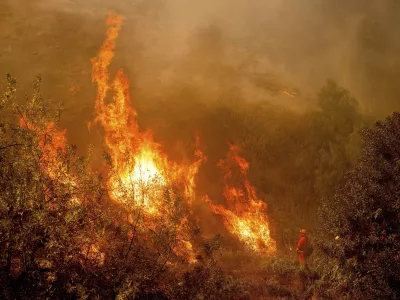 A firefighter battling the Mountain Fire watches flames from a firing operation burn off vegetation around Swanhill Farms in Moorpark, Calif., Nov. 7, 2024. (AP Photo/Noah Berger)