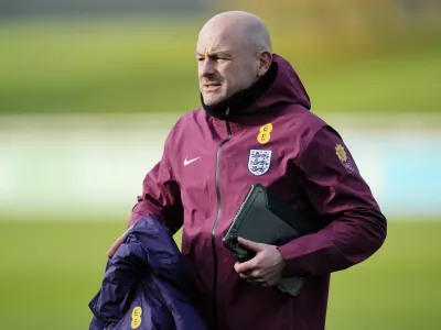 England Interim Manager Lee Carsley looks on during a training session at St George's Park, Burton upon Trent, England, Wednesday Nov. 13, 2024. (Nick Potts/PA via AP)