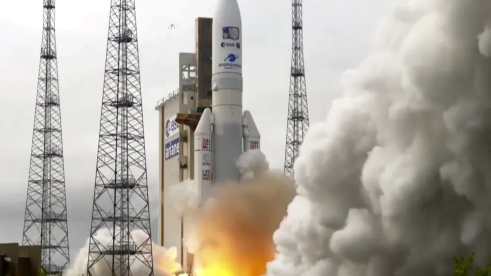 In this image provided by the European Space Agency, an Ariane rocket carrying the robotic explorer Juice takes off from Europe's Spaceport in French Guiana, Friday, April 14, 2023. European spacecraft has blasted off on a quest to explore Jupiter and three of its ice-encrusted moons. Dubbed Juice, the robotic explorer set off on an eight-year journey Friday from French Guiana in South America, launching atop an Ariane rocket. (ESA via AP)