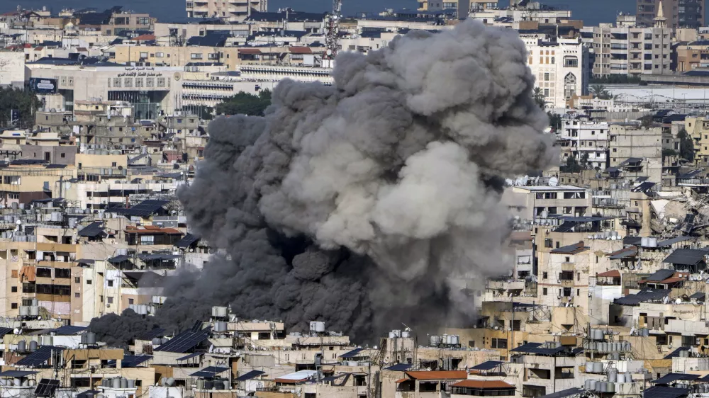 Smoke rises after an Israeli airstrike on Dahiyeh, in the southern suburb of Beirut, Lebanon, Saturday, Nov. 16, 2024. (AP Photo/Bilal Hussein)