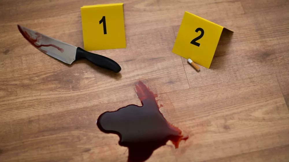 KHE6FC knife in blood and evidence marker at crime scene