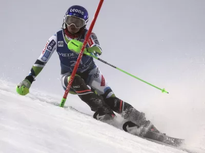 Slovenia's Andreja Slokar speeds down the course during an alpine ski, women's World Cup slalom, in Levi, Finland, Saturday, Nov. 16, 2024. (AP Photo/Marco Trovati)