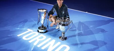 17 November 2024, Italy, Turin: Italian tennis player Jannik Sinner celebrates with the trophies after winning the ATP World Tour Finals Men's Singles tennis match against US Taylor Fritz at the Inalpi Arena. Photo: Marco Alpozzi/LaPresse via ZUMA Press/dpa