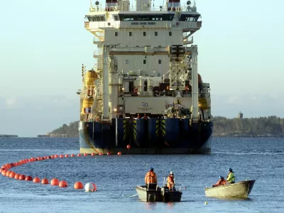 The C-Lion1 submarine telecommunications cable is being laid to the bottom of the Baltic Sea by cable ship Ile de Brehat on the shore of Helsinki, Finland, October 12, 2015. Lehtikuva/Heikki Saukkomaa/via REUTERS ATTENTION EDITORS - THIS IMAGE WAS PROVIDED BY A THIRD PARTY. NO THIRD PARTY SALES. NOT FOR USE BY REUTERS THIRD PARTY DISTRIBUTORS. FINLAND OUT. NO COMMERCIAL OR EDITORIAL SALES IN FINLAND.