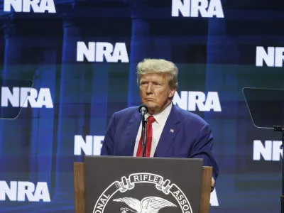 14 April 2023, US, Indianapolis: Former US President Donald Trump speaks at the 2023 NRA-ILA Leadership Forum as part of the National Rifle Association's Annual Meetings & Exhibits. Photo: Jeremy Hogan/SOPA Images via ZUMA Press Wire/dpa