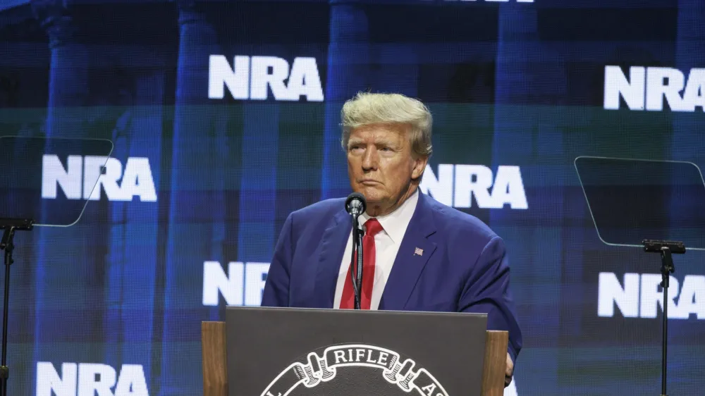 14 April 2023, US, Indianapolis: Former US President Donald Trump speaks at the 2023 NRA-ILA Leadership Forum as part of the National Rifle Association's Annual Meetings & Exhibits. Photo: Jeremy Hogan/SOPA Images via ZUMA Press Wire/dpa