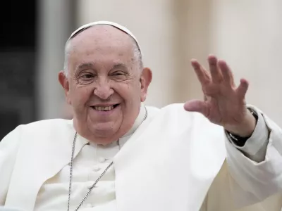 Pope Francis waves as he leaves after his weekly general audience in St. Peter's Square at The Vatican, Wednesday, Nov.20, 2024. (AP Photo/Gregorio Borgia)