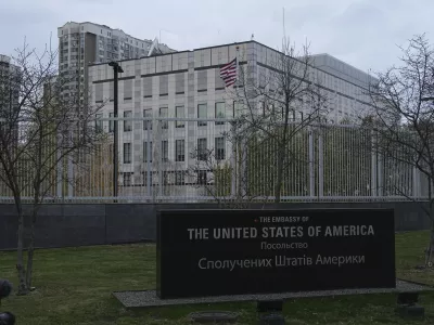 American flag waves in front of the U.S. Embassy in Kyiv, Ukraine, November 20, 2024. (AP Photo/Efrem Lukatsky)